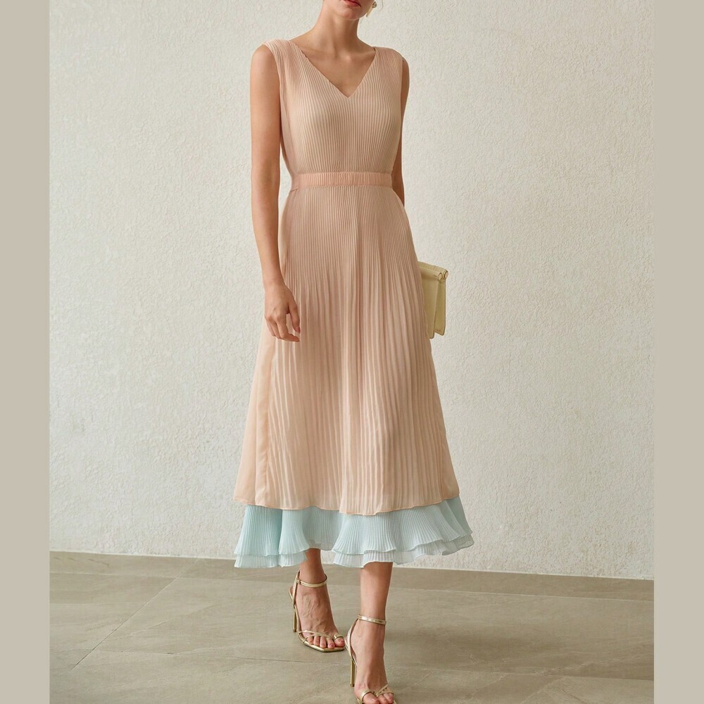 Ivory Pleated Midi Dress with Contrast Ruffle Hem - Picture 1 of 7